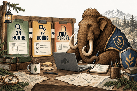 Woolly mammoth rehearsing the CRA reporting timeline with 24-hour, 72-hour, and final-report checklists