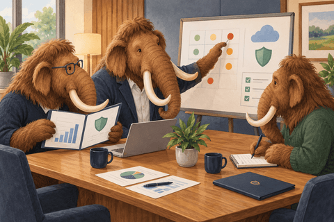 Three woolly mammoths discussing security risks and improvement actions around a meeting table