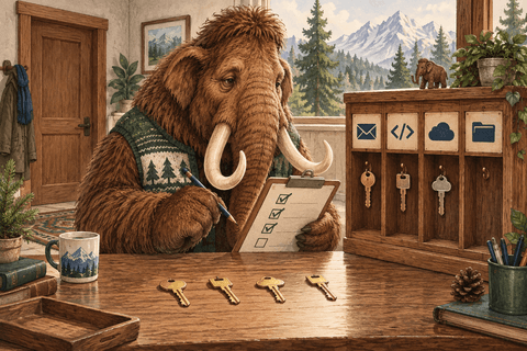 Woolly mammoth checking returned keys against an offboarding checklist beside a cabinet of work applications