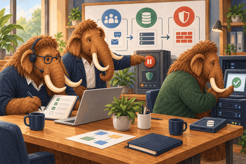 Three woolly mammoths rehearsing incident communications, containment and service recovery in a SaaS operations workspace