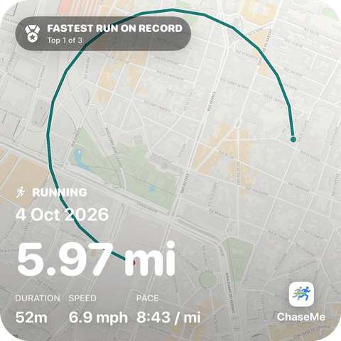 Workout card in Light appearance: a 5.97 mile run with its route on a minimal map