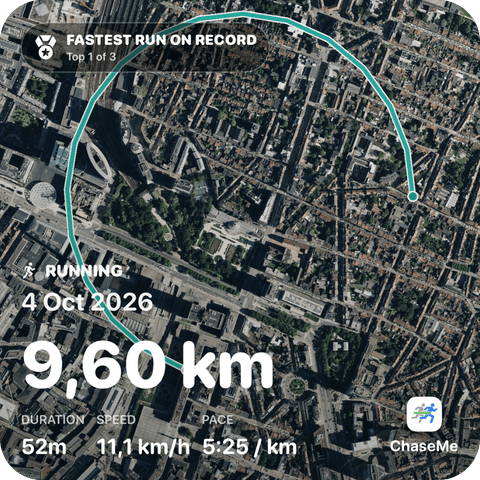 Workout card with Satellite map styling: a 9.60 km run with its route, duration, speed, pace, and a fastest-run achievement