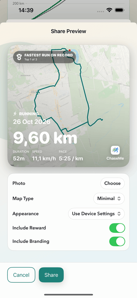 ChaseMe 1.6 Share Preview with a sample running workout and controls for Photo, Map Type, Appearance, reward and branding