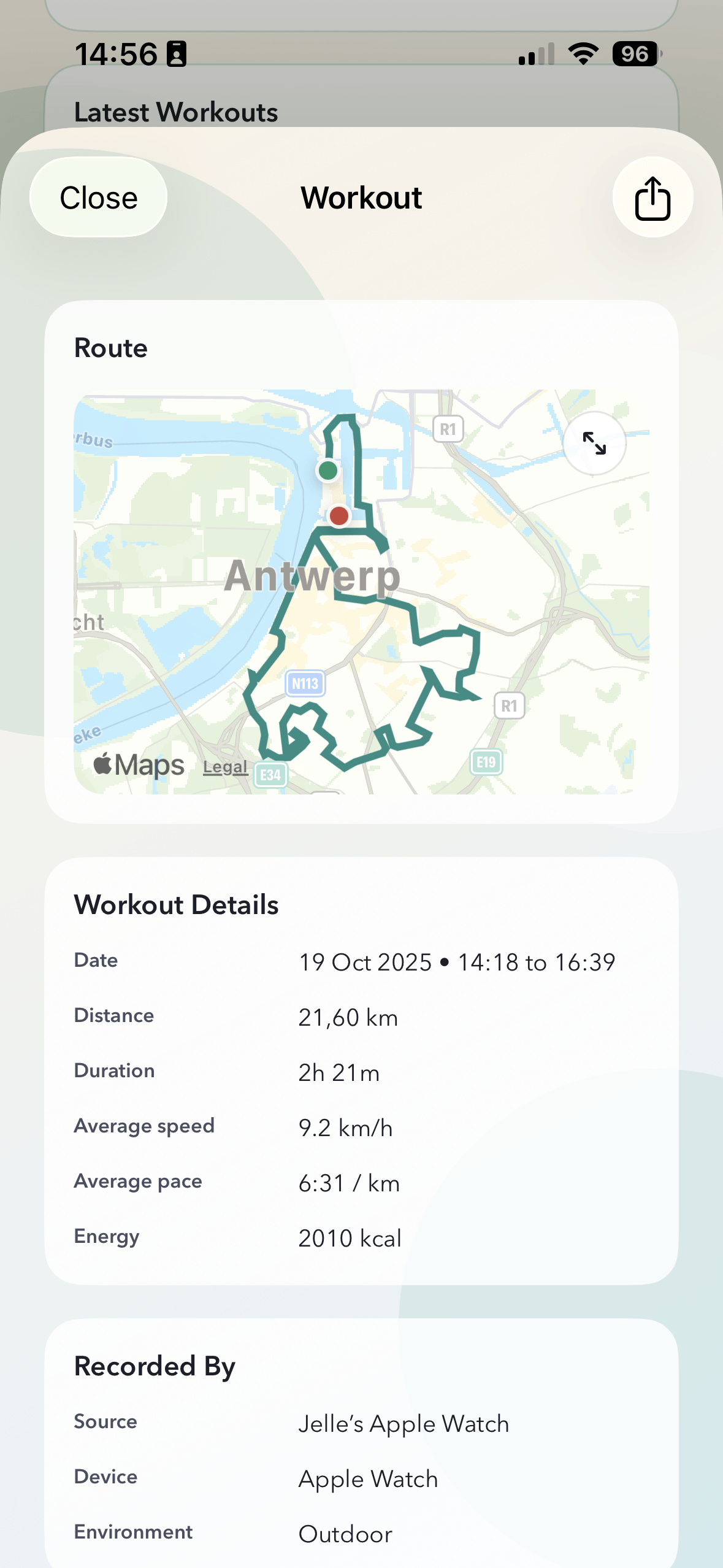 ChaseMe workout detail modal showing workout stats and optional route preview