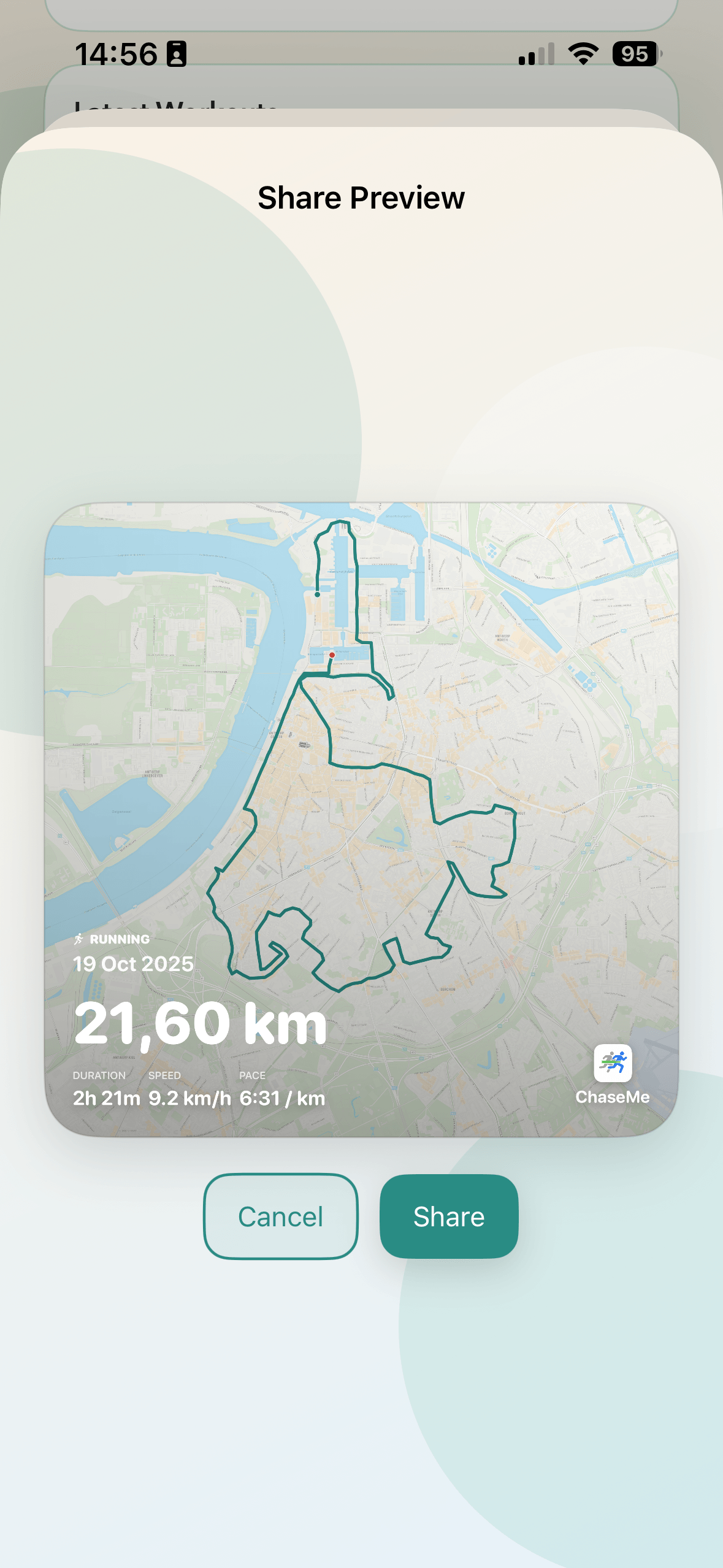 ChaseMe workout export preview ready to be shared from iPhone