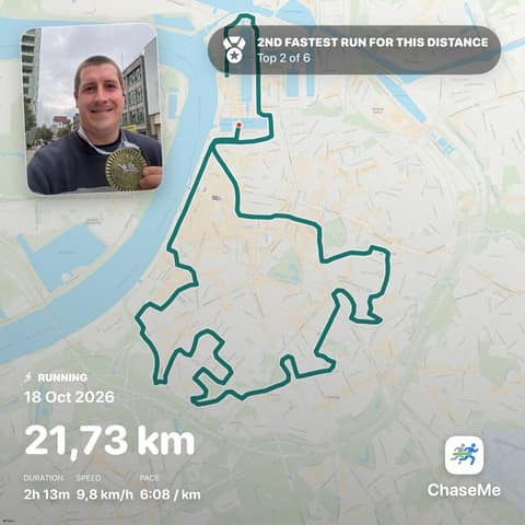Real ChaseMe card for a 21.73 km run through Antwerp on 18 October 2026, with a route map, personal photo, 2h 13m duration and 6:08/km pace