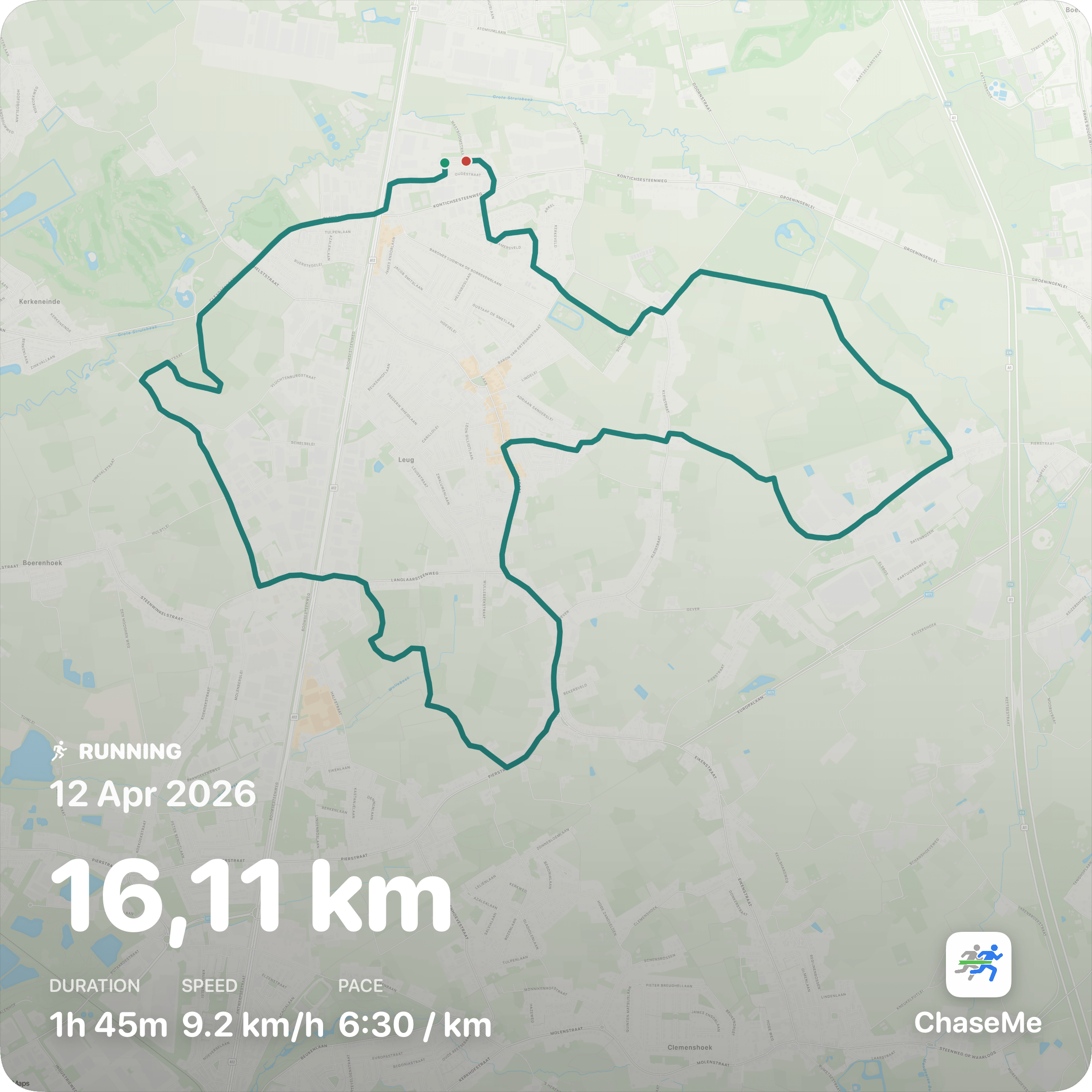 ChaseMe workout export image showing route map and workout stats
