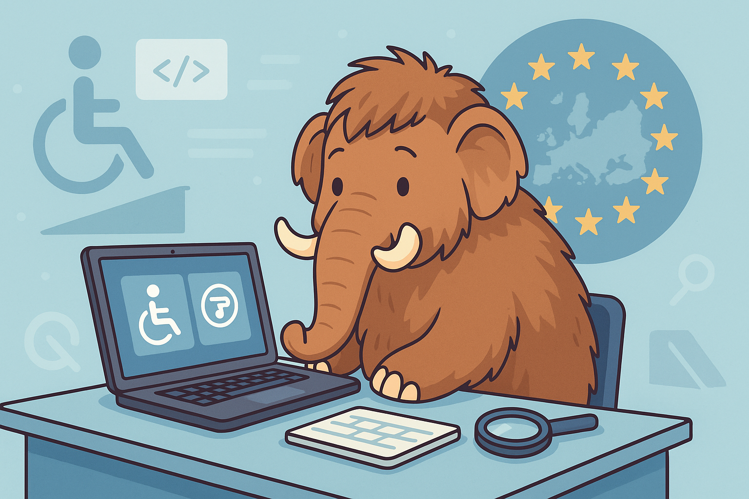 Fluffy mammoth at a desk, symbolising accessibility work for EAA