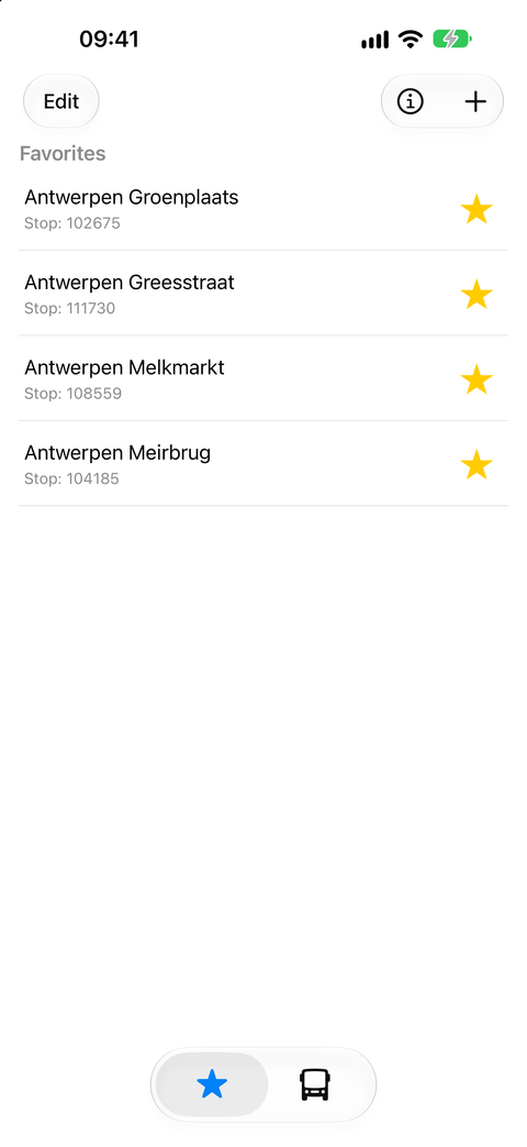 MijnLijn favorites screen listing four Antwerp stops