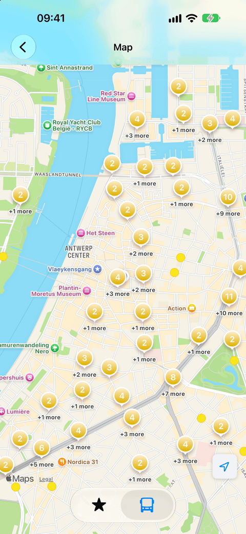 MijnLijn map of central Antwerp with yellow stop clusters