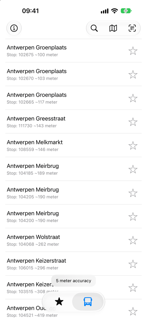 MijnLijn nearby stops sorted by distance, starting at about 100 meters