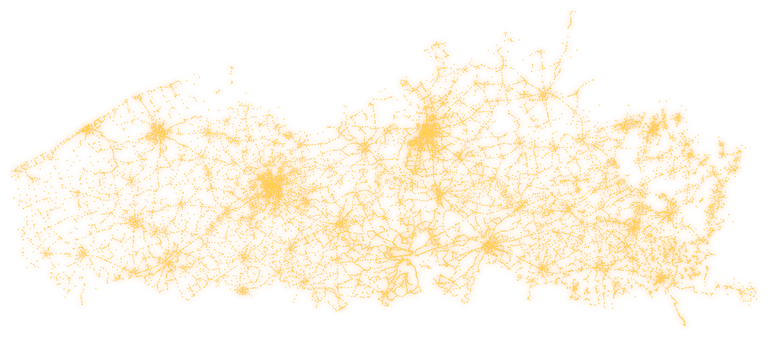Map of Flanders and Brussels drawn with every MijnLijn stop as a yellow dot, densest around Antwerp, Ghent and Brussels