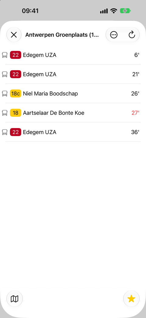 MijnLijn real-time departures for Antwerpen Groenplaats, with line 22 to Edegem UZA leaving in 6 minutes