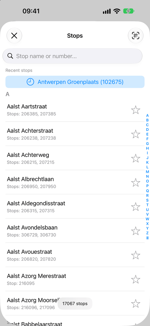 MijnLijn stop search with a recent stop and the alphabetical stop list