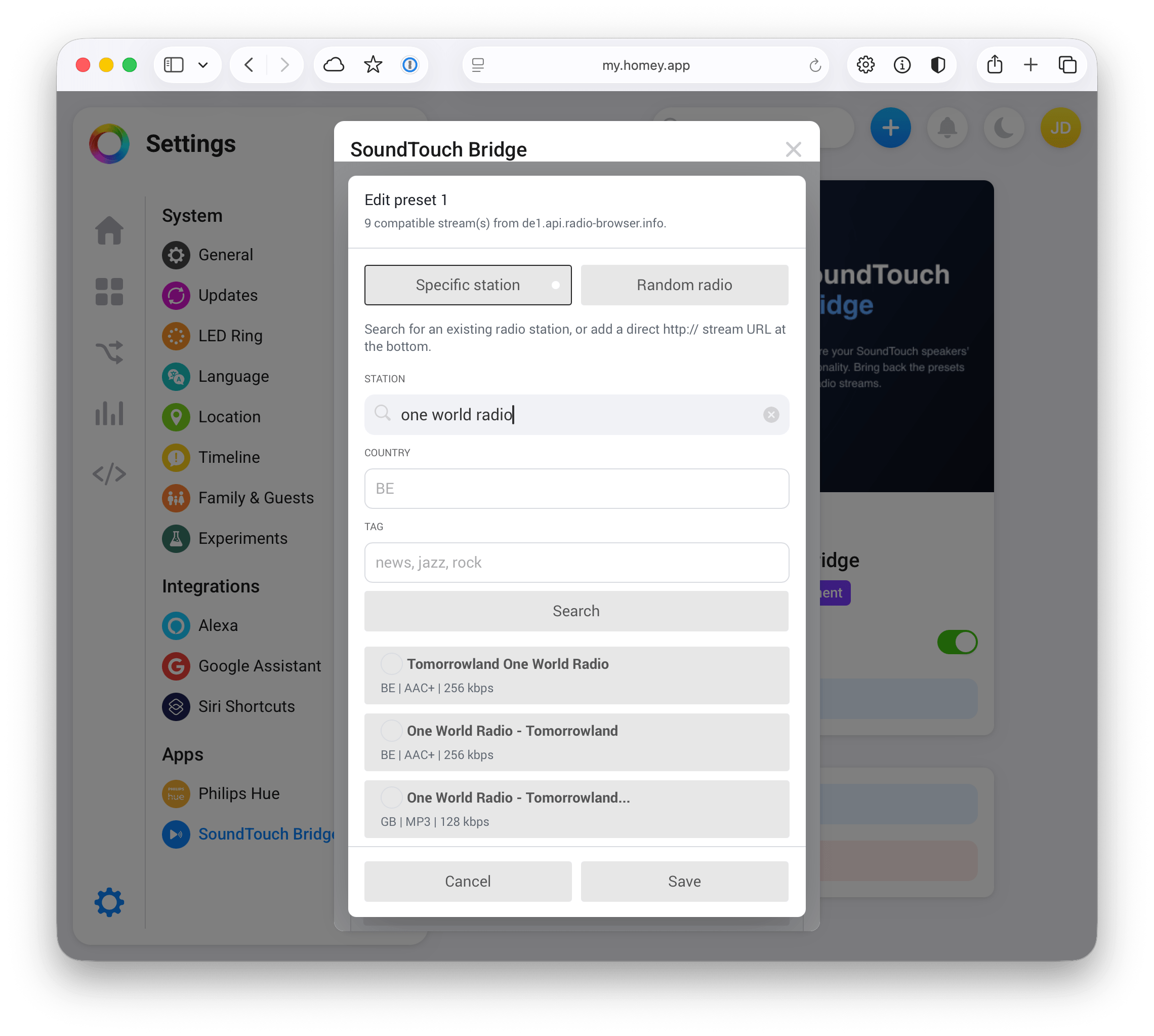 SoundTouch Bridge preset configuration screen with station search and stream URL fields